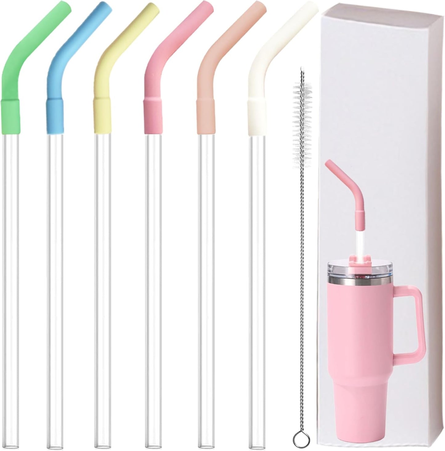 6 Pcs Reusable Color Silicone Straw Tips with 6 Pcs Clear Plastic Straws Compatible with Stanley 40/30 oz Cup Tumbler 8mm Drinking Long Straws with Flex Elbow Silicone Covers, 1 Cleaning Brush