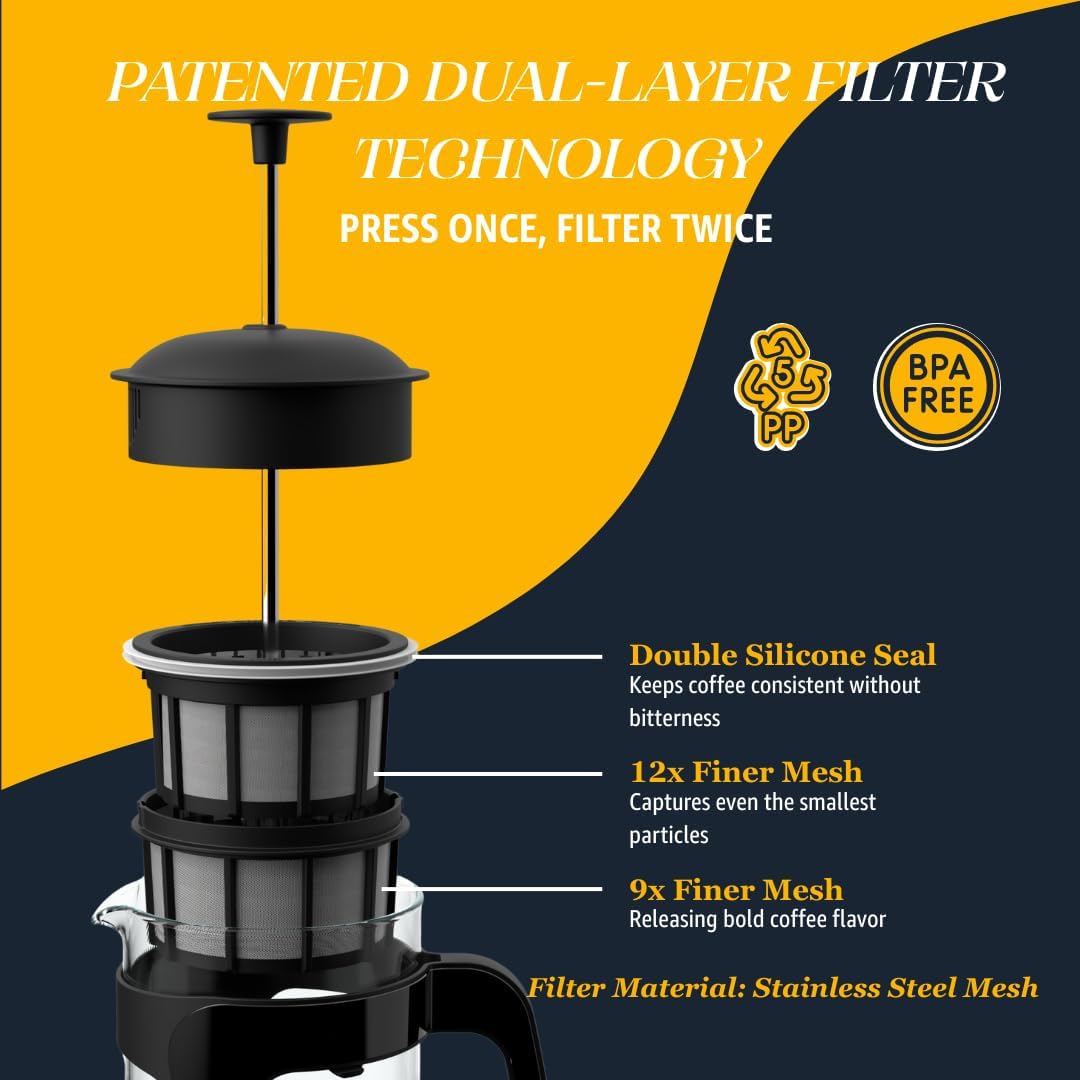 ESPRO - P3 French Press Coffee Maker – Patented Double Microfilter for Sludge and Grit Free Coffee, Black, 32 oz