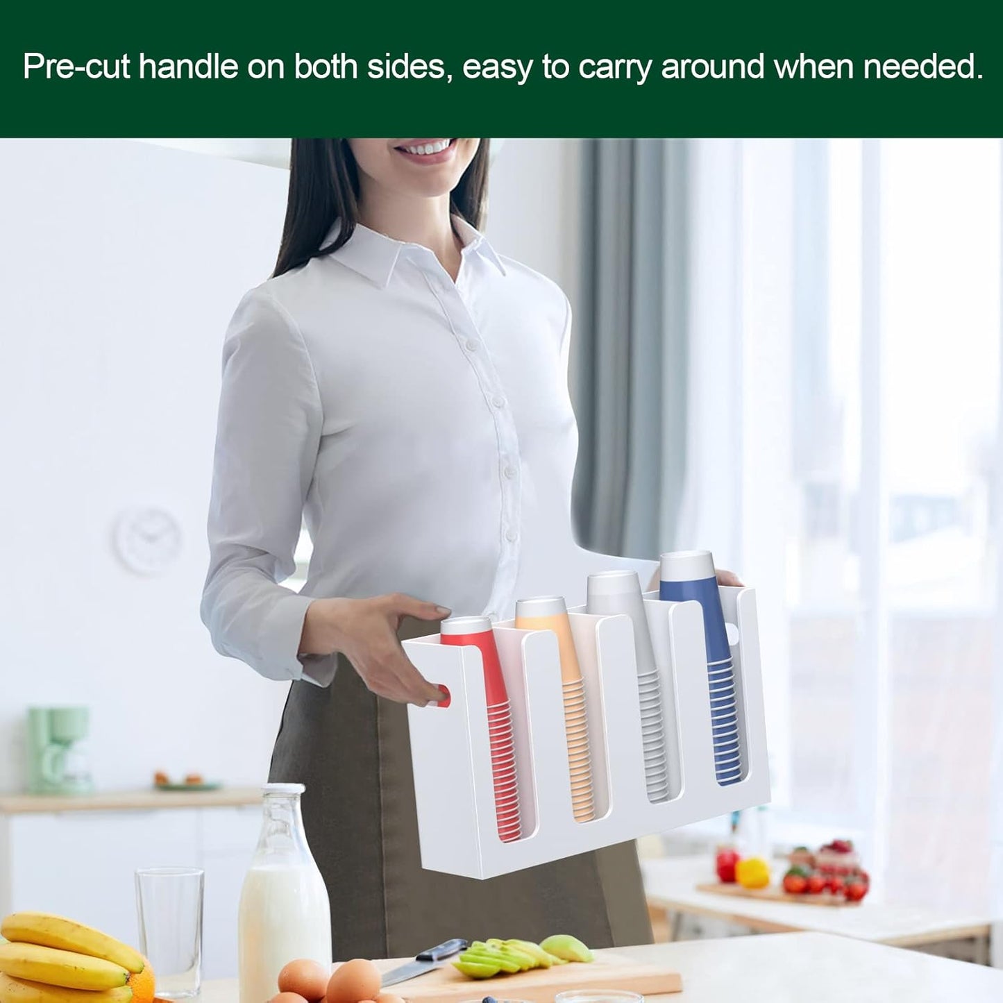 Disposable Coffee Cup Dispenser with Handles, Countertop or Wall Mount Hot/Cold Drink Cup and Lid Holder - Bathroom/Kitchen/Office Acrylic Cup Lid Storage Organizer (4 Compartments, White)