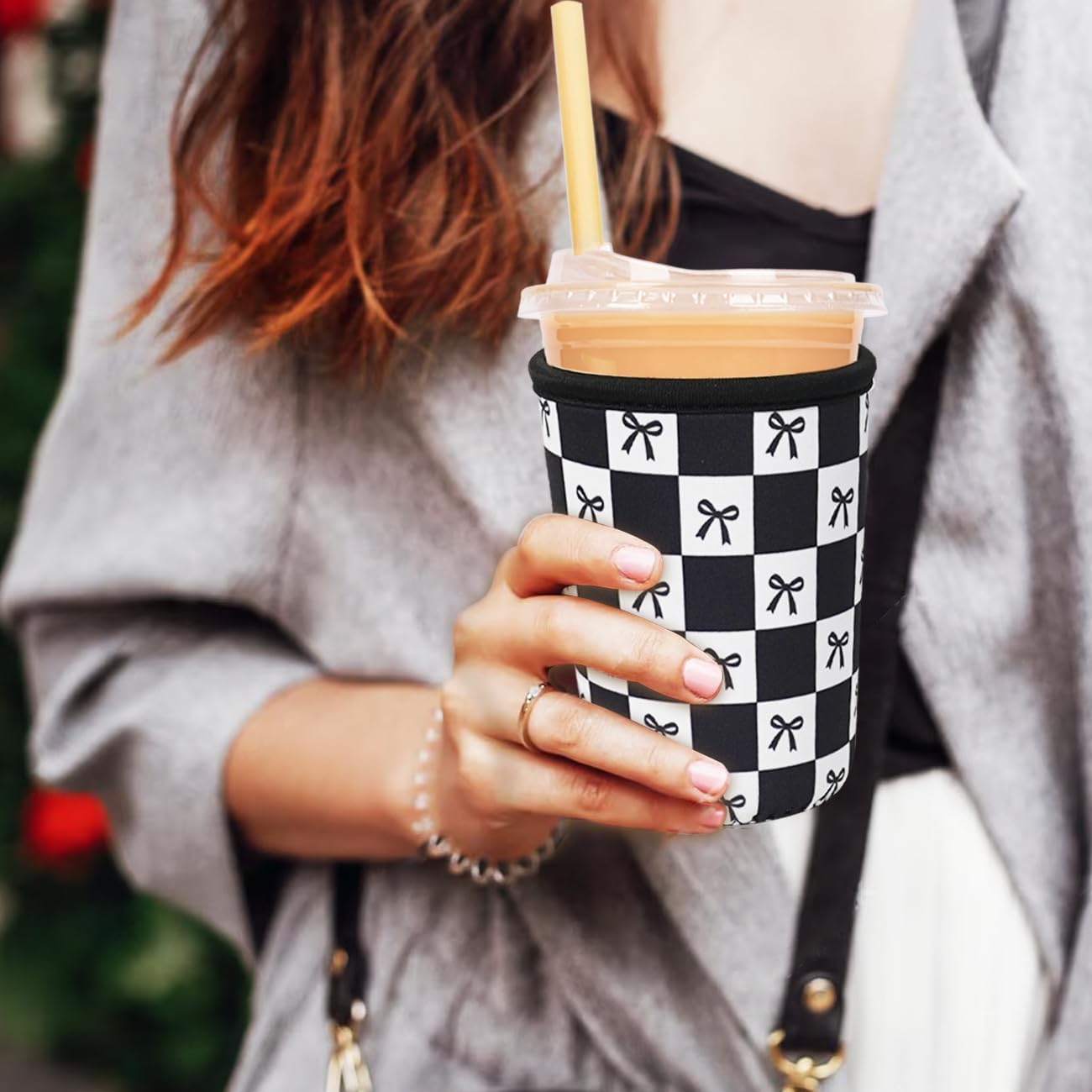 Reusable Insulated Neoprene Iced Coffee Cup Sleeve, Durable Drink Sleeve for Cold Beverages, Beverage Holder for Iced Coffee, Black Checkered Bows