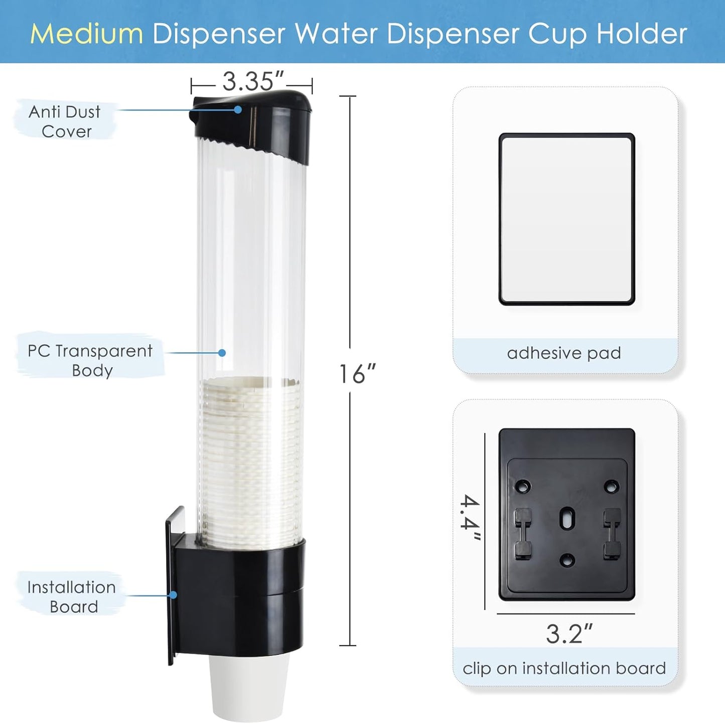 Medium Pull Type Cup Dispenser, Paste or Screw Plate Mountable Cups Holder, Fits 5oz - 7oz Cone or Flat Bottom Cups, 16” Tube Length, Mounting Water Dispenser Cooler or Wall (Medium, Black)