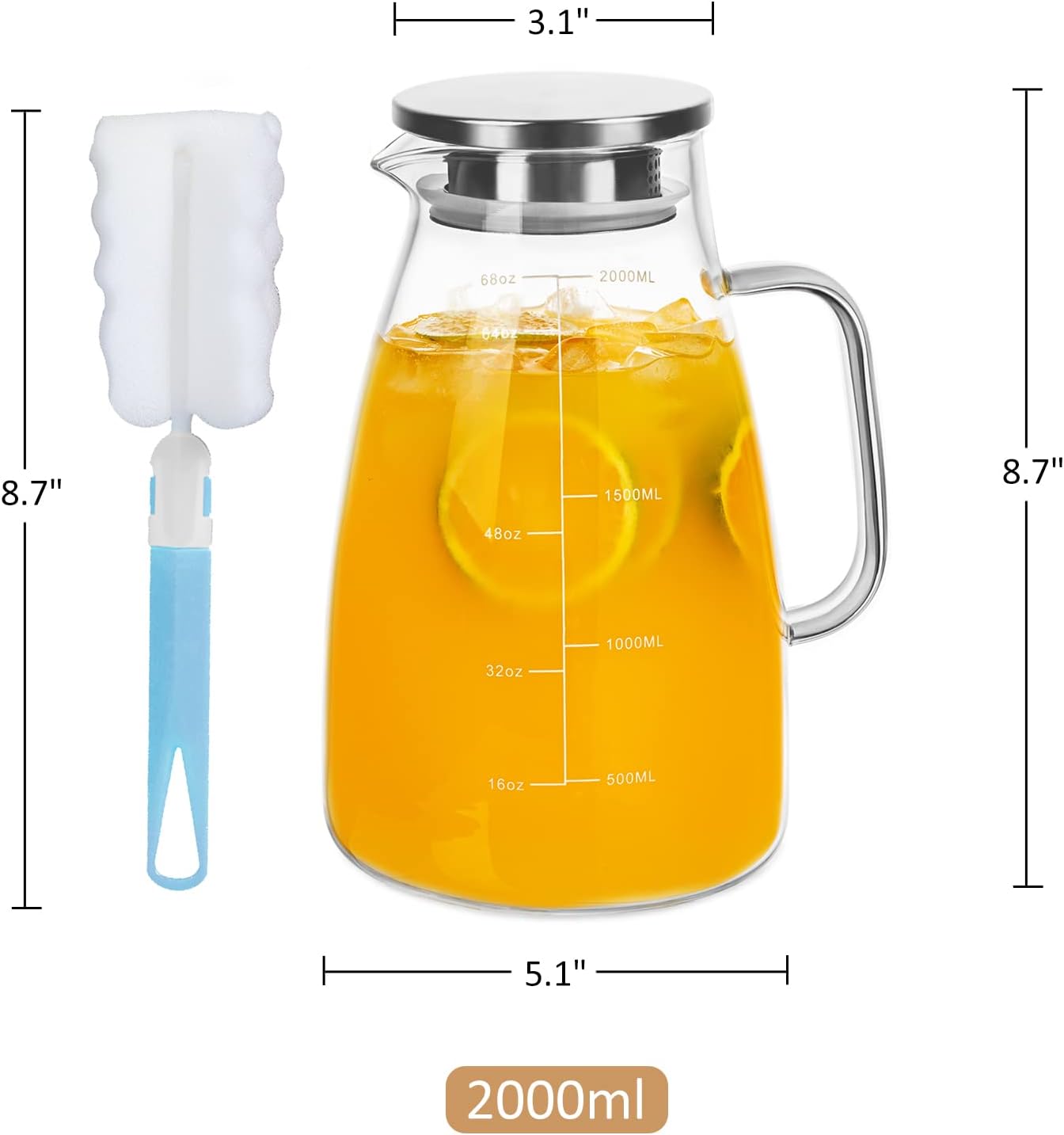 Joeyan 2 Liter 68oz Glass Pitcher with Lid, Large Heat Resistant Glass Water Carafe with Handle and Scale Line for Hot/Cold Drinks- Water, Cold Brew, Iced Tea & Juice, Including Long-Handled Brush