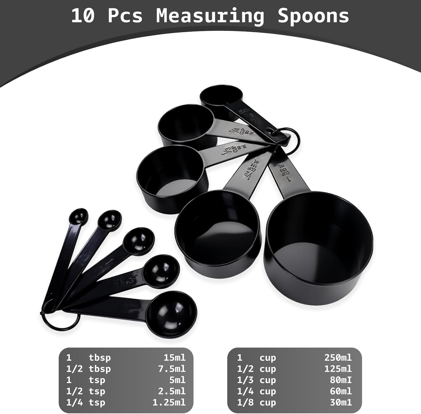 Inmorven 10pcs Measuring Cups and Spoons Set, BPA-Free Plastic Kitchen Baking Tools with Engraved Markings, Stackable Design for Dry & Liquid Ingredients (Black)