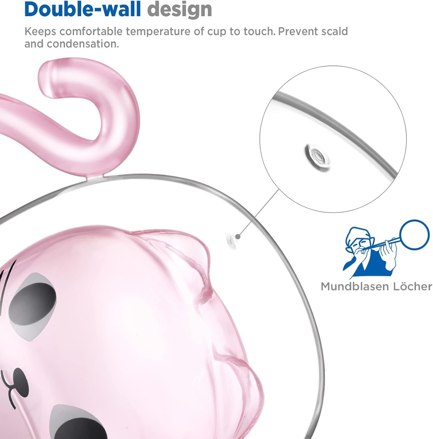 ecooe Cute Cat Mug Double Walled Glass Mug 290ml Coffee Cup Cappuccino Latte Glass Cup with Handle and Spoon, Clear Glass Coffe Mug Tea Cup Cat Birthday Christmas Gifts for Women Kids Girls Friends