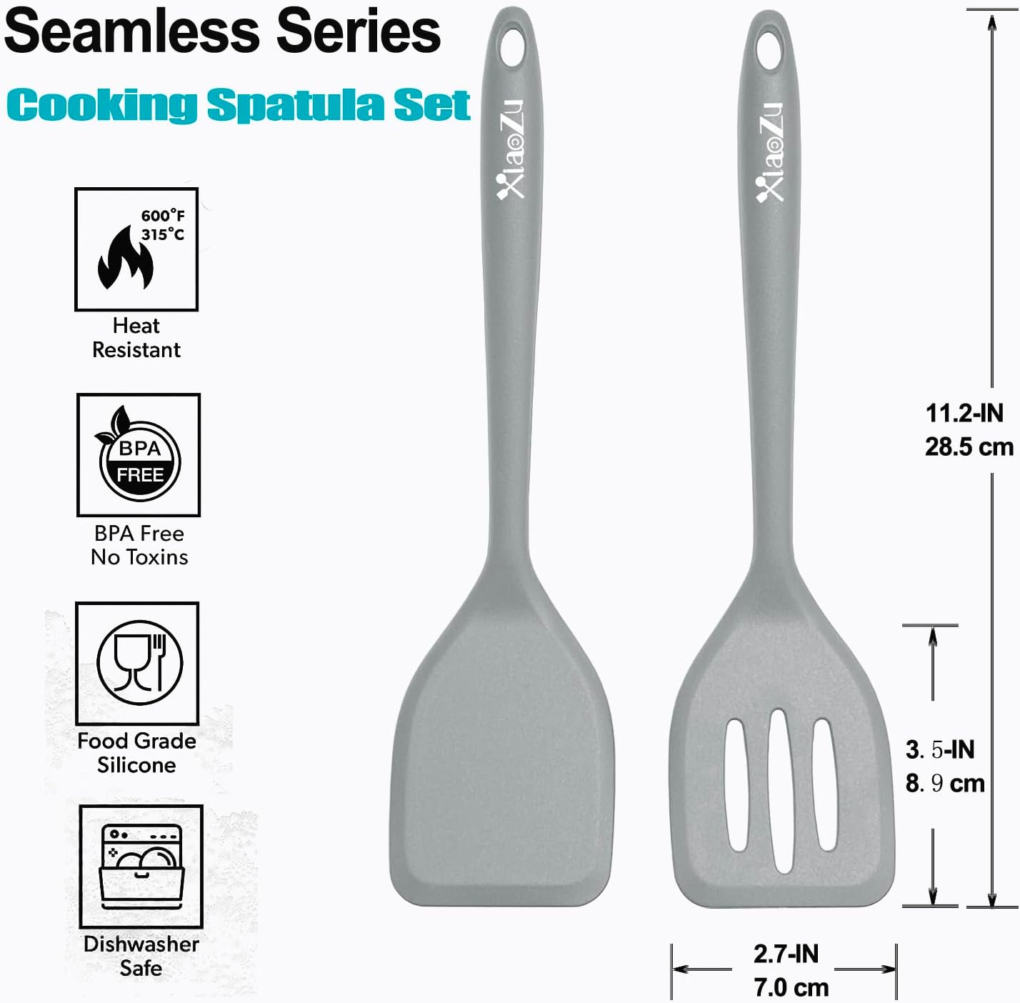 Silicone Spatula Turner Set, High Heat Resistant Spatulas with Seamless One Piece Design, Nonstick Rubber Flippers Utensils for Baking & Cooking,BPA-Free, 2 pack,Black (Grey)