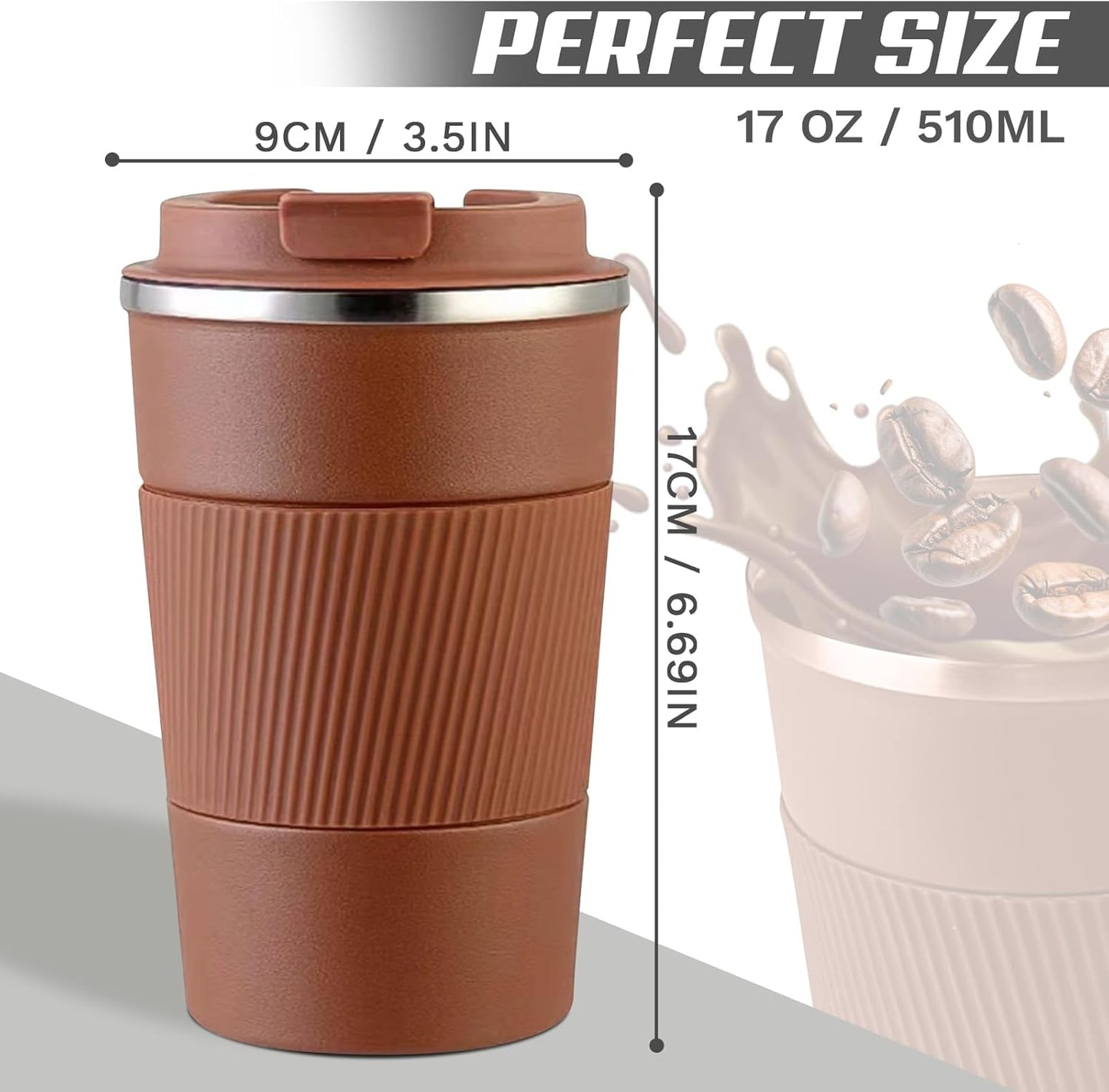 Vacuum-Insulated Stainless Steel Travel Coffee Mug, Leak-Proof Reusable Coffee Cup with Lid - Keep Hot & Cold Drinks for Hours, Durable Thermos Tumbler for Men & Women (3rd-Light Coffee, 17OZ)