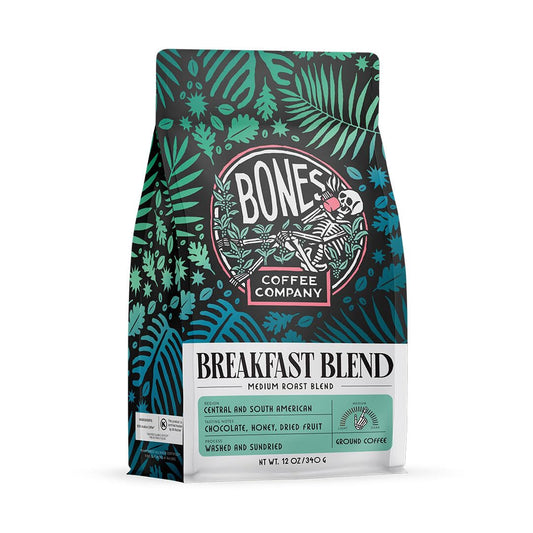 Bones Coffee Company Breakfast Blend, Chocolate, Honey and Dried Fruit Notes, Unflavored Coffee, Medium Roast Low Acid Arabica Beans Compatible with Auto drip and French Press Coffee Maker, 12 Oz Ground