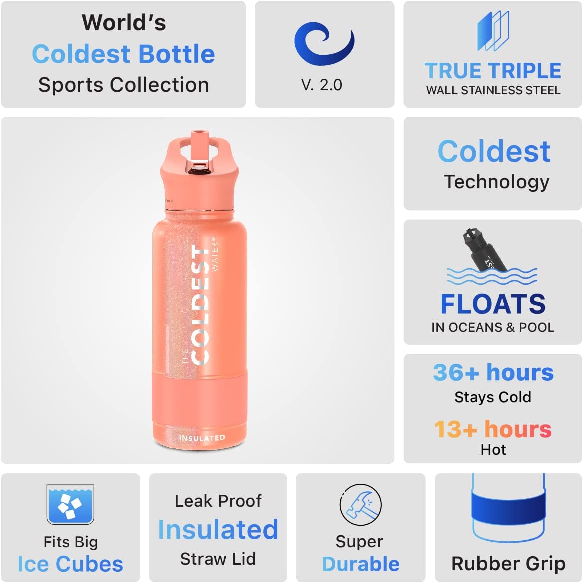Coldest Insulated Water Bottle with Straw Lid - Stainless Steel Metal Insulated Bottle for Men & Women (Pink Froze Glitter, 32 oz)