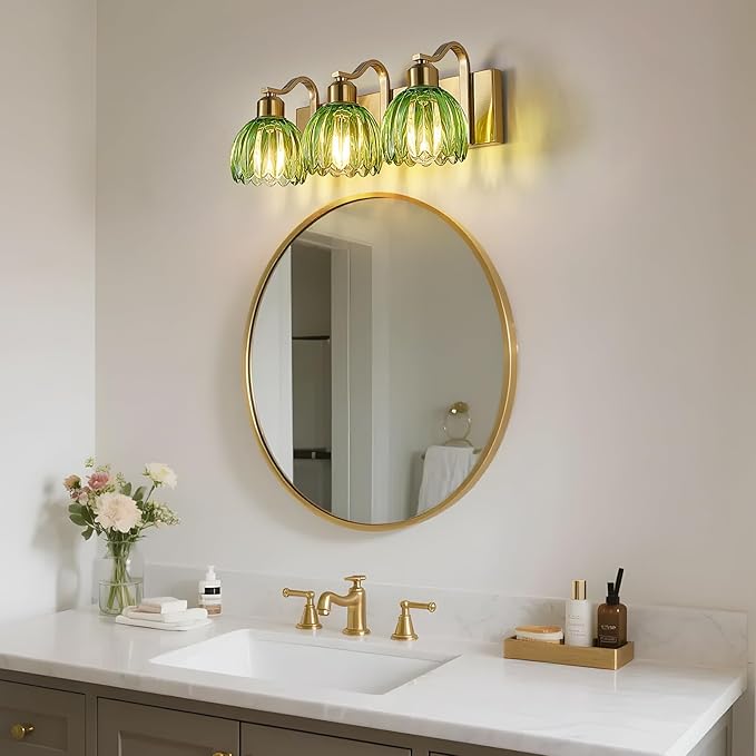 3-Light Vanity Lights with Green Tulip Glass Shade, Vintage Vanity Wall Sconce - Image 7