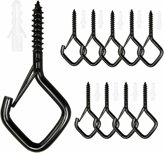 10PCS Eye Screw Hooks for Hanging Heavy Duty with Safety Buckle.Metal Ceiling Hooks for Hanging Plants,Cup,Wind Chime,Bird Feeders,String Lights at Indoor&Outdoor,2.36 Inches Black