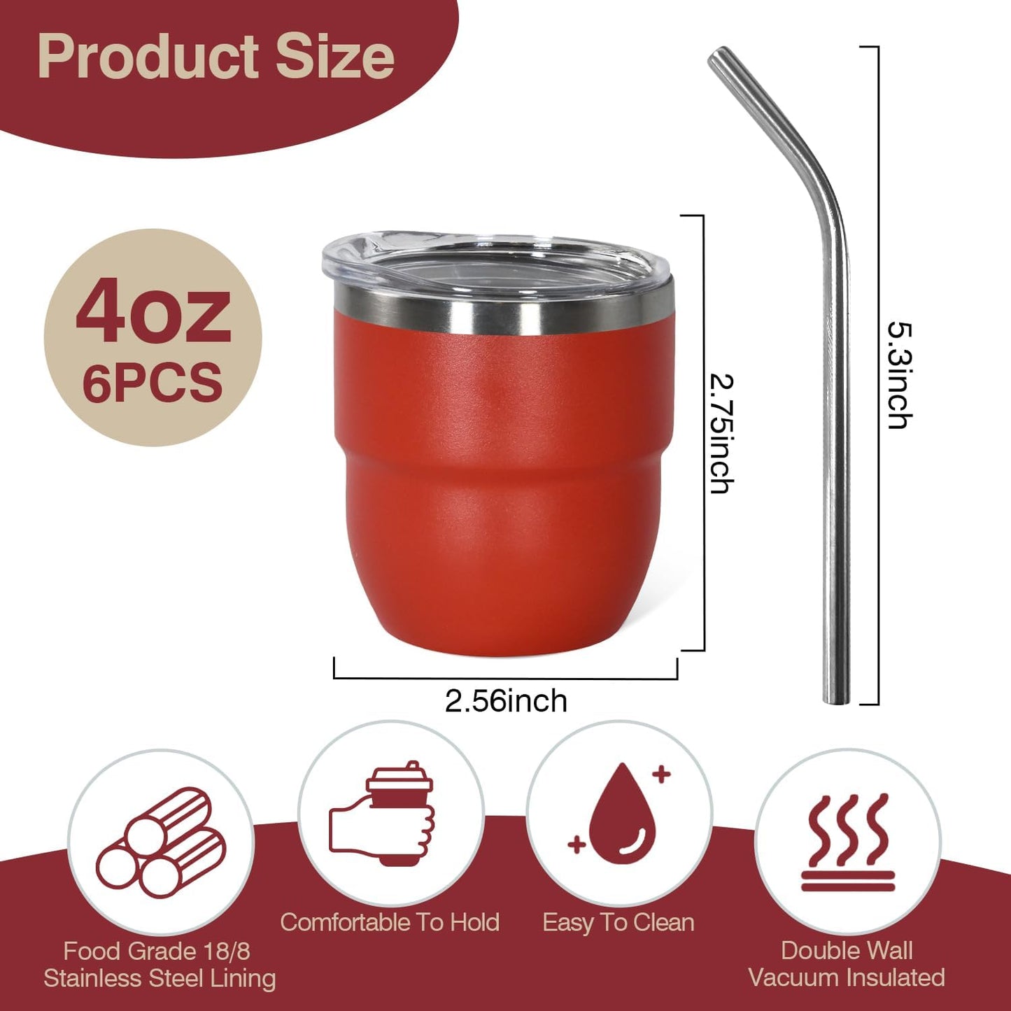 4oz Stackable Cup, Vacuum Insulated Espresso Cup Set of 2, Espresso Shot Glass for Coffee, Double Wall Stainless Steel Mini Tumbler Shot Glasses with Straw and Lid (A-red2P, 4oz)