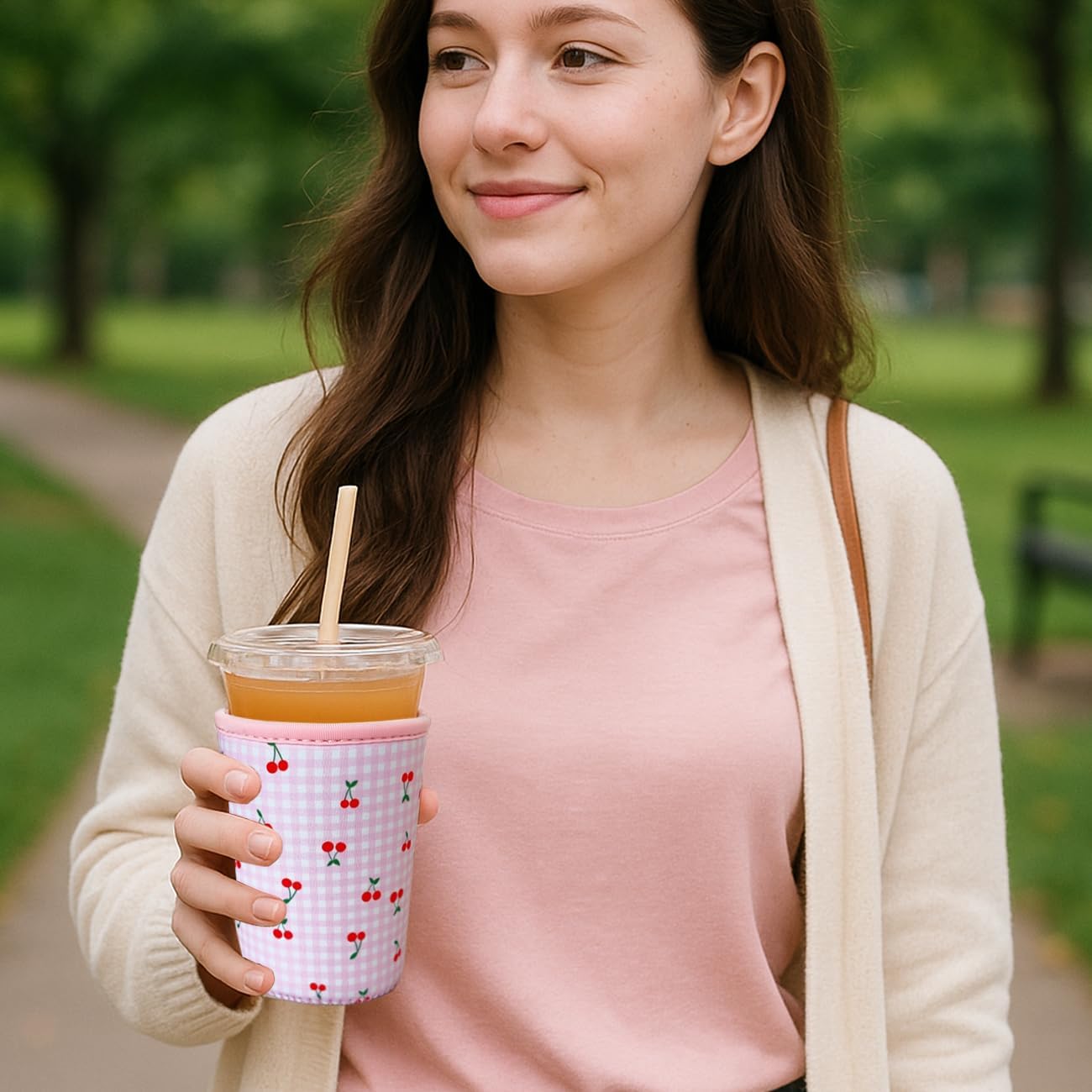 Reusable Insulated Neoprene Iced Coffee Cup Sleeve, Durable Drink Sleeve for Cold Beverages, Beverage Holder for Iced Coffee, Pink Cherry