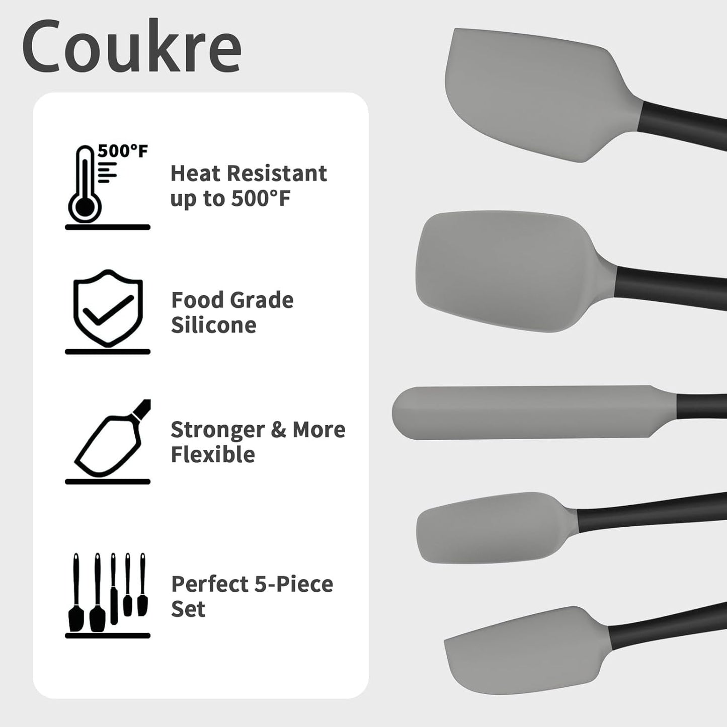 Coukre Silicone Spatula Set of 5,High Temperature Resistant, Food Grade Silicone, Dishwasher Safe, for Baking, Cooking (Gray)