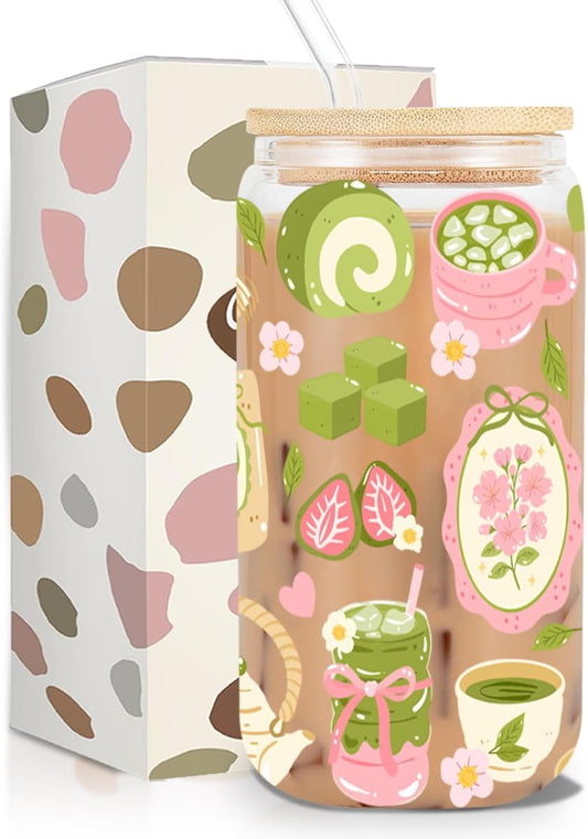 Matcha Girly Glass Cup, Matcha Lovers Gift, Kawaii Latte Girly Glass Tumbler, 16 oz Cafe Aesthetic Iced Coffee Cup with Lid Straw