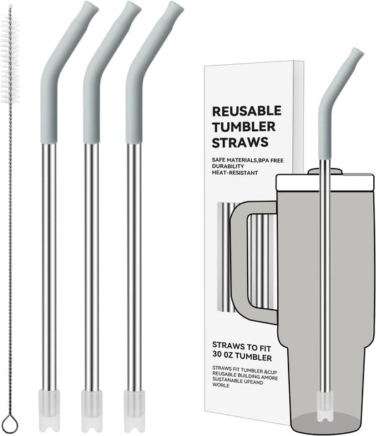 Reusable Metal Straws with Silicone Tip for Stanley 30oz,Stainless Steel Drinking Straws for 30oz Tumbler,3 Straight Tubes & 6 Tips& 1 Cleanr Brush (Ash)
