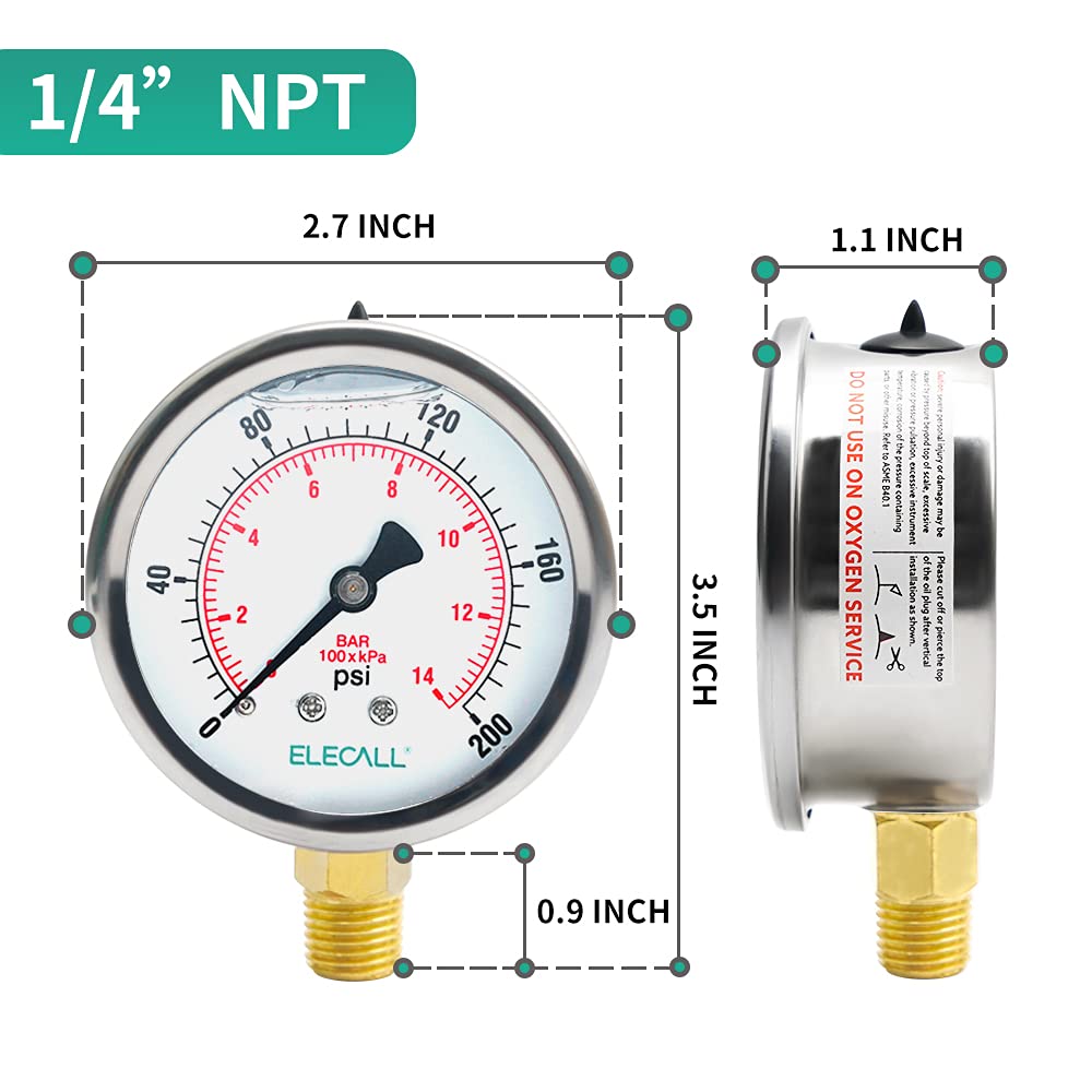 ELECALL 2-1/2” Glycerin Liquid Filled Air Pressure Gauge, 0-200Psi, 1/4” NPT Lower Mount, Stainless Steel Case, Brass Internals, Water Pressure Gauge