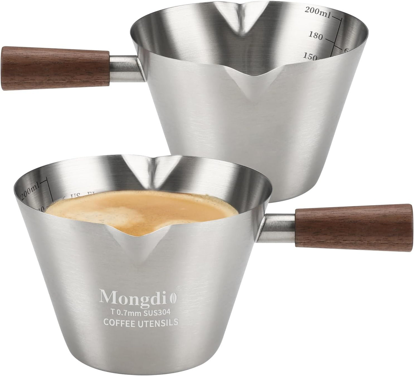 Mongdio 2 Pcs Espresso Measuring Cup, Stainless Steel Espresso Shot Cups with Wooden Handle and Double Spouts, 6.8OZ/200ML, Silver