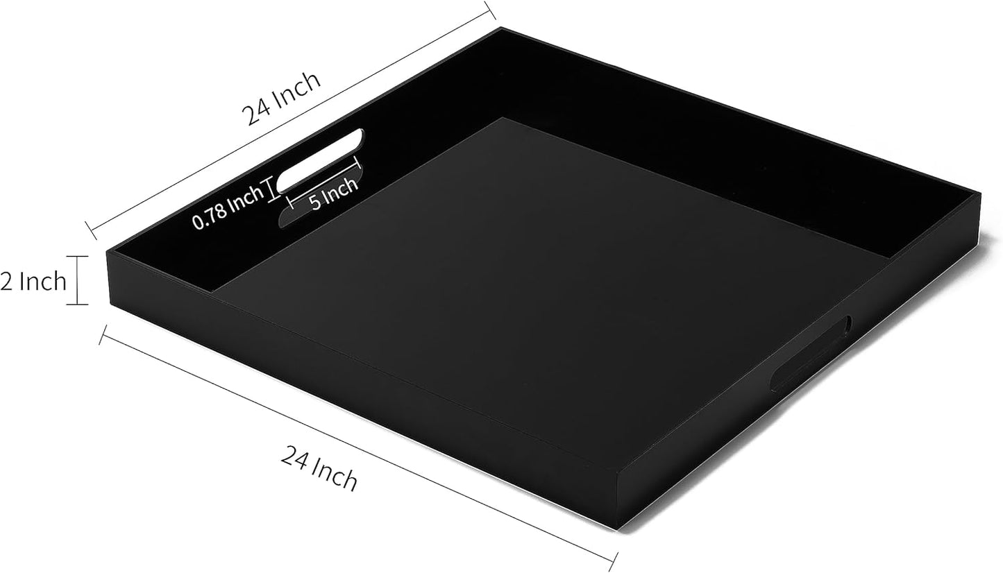 Glossy Black Sturdy Acrylic Serving Tray with Handles-24x24Inch-Serving Coffee,Appetizer,Breakfast,Butler-Kitchen Countertop Tray-Makeup Drawer Organizer-Vanity Table,Ottoman Tray-Decorative