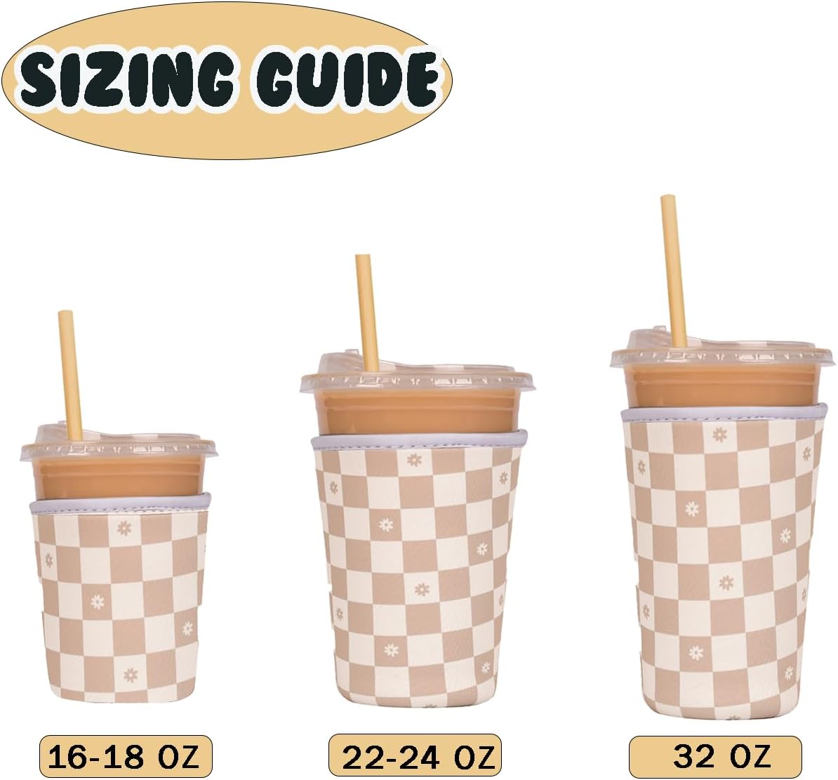 Reusable Insulated Neoprene Iced Coffee Cup Sleeve, Durable Drink Sleeve for Cold Beverages, Beverage Holder for Iced Coffee, Floral Checkers