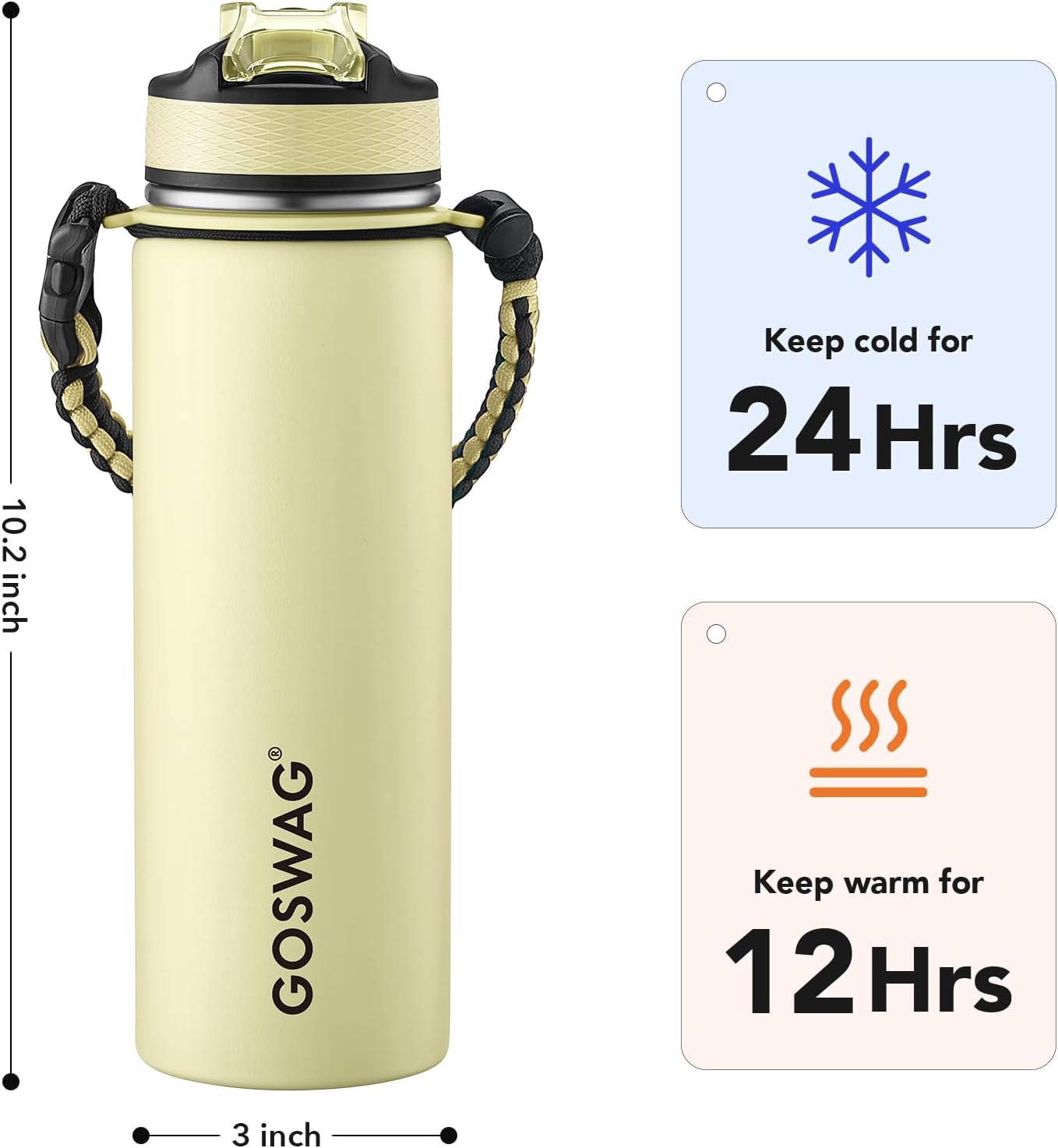GOSWAG Insulated Sports Water Bottle, 24oz 2 Lids(with Straw/No Straw), Stainless Steel Water Bottles with Paracord Handle, Insulated Bottle with Double-Wall Vacuum Insulation