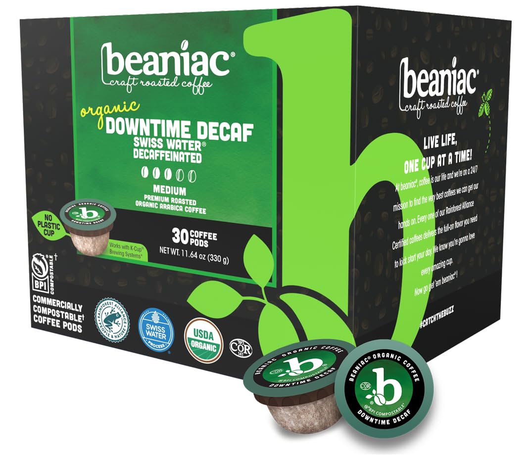 beaniac Organic Downtime Decaf Swiss Water Decaffeinated, Medium Roast, Single Serve Compostable K Cup Coffee Pods, Organic Arabica Coffee, Keurig Brewer Compatible, 30 Count