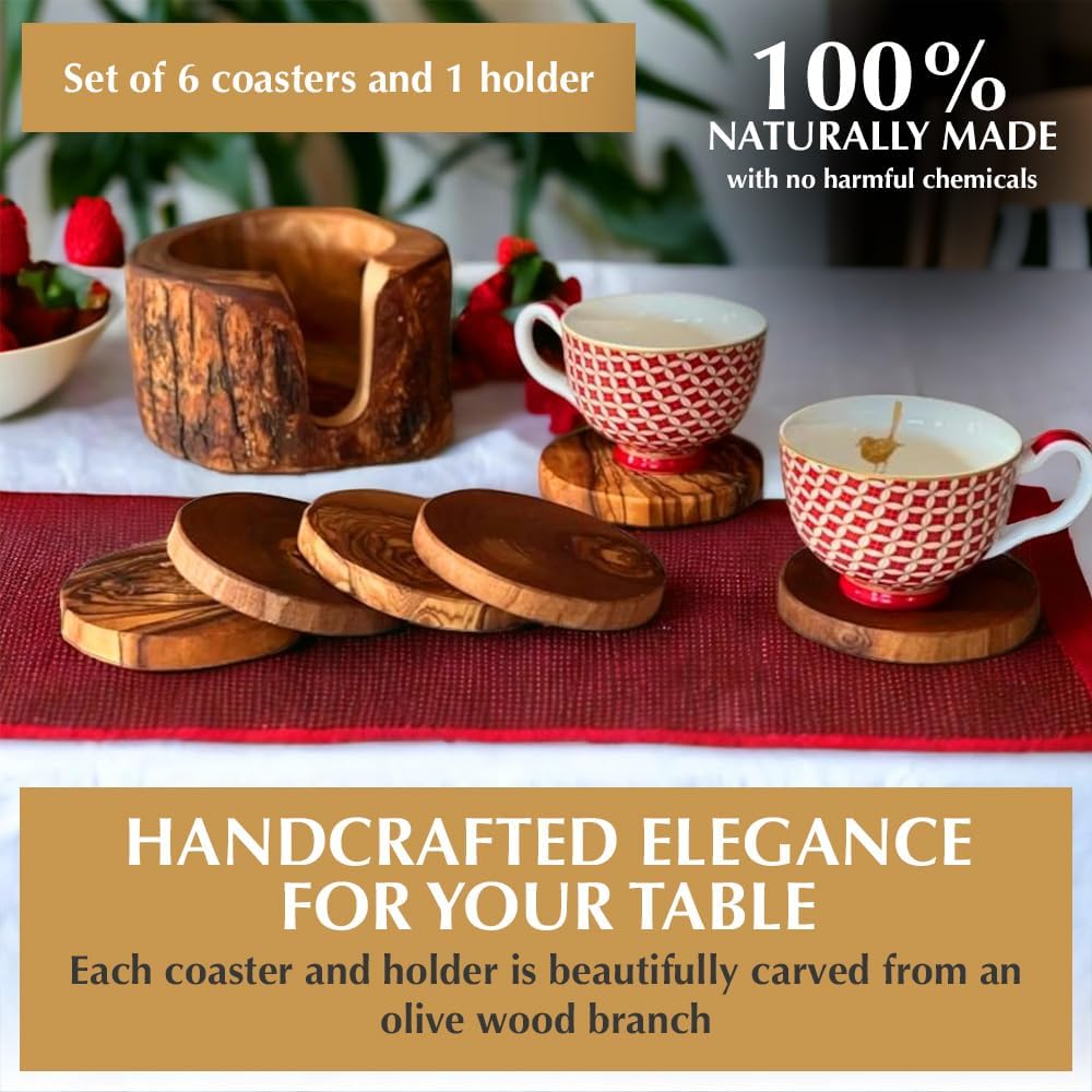 Kamsah Olive Wood Coasters Set of 6 & Holder - Handmade, Natural, Durable Wooden Coasters for Drinks - Round, Rustic, Farmhouse Coaster for Table, Bar, Desk, Coffee Table, Kitchen, & More