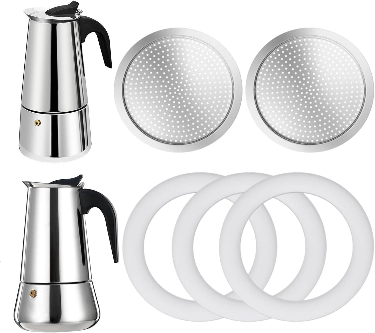 2 Pcs Filter with 3 Pcs Silicone Gasket Seals for 4 Cup Stovetop Espresso Coffee Maker Replacement Parts for Big Tummy and Straight Stainless Steel Moka Pot