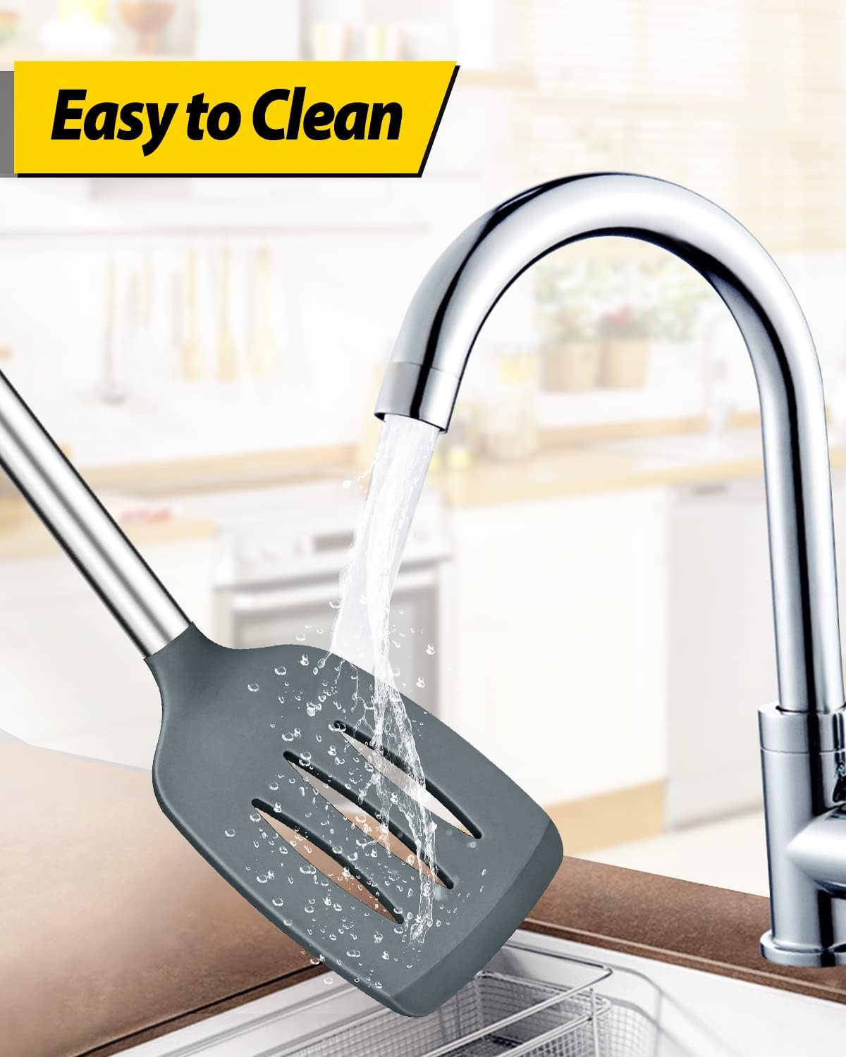 Pack of 4 Silicone Cooking Utensils Set, Non Stick Large Solid Spatulas, Heat Resistant Gray Slotted Spoons, Ideal BPA Free Kitchen Turners for Frying, Mixing,Serving,Draining,Turning,Stirring