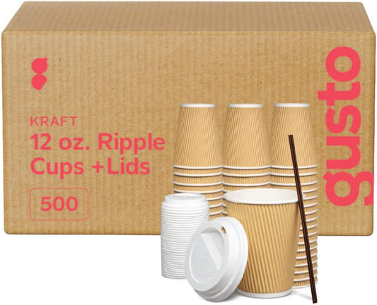 GUSTO [12 oz. - 500 Count Insulated Kraft Ripple Paper Hot Cups, Disposable Coffee Cups With Lids - Ideal for Hot Beverages, Travel, and Office Use (Formerly Comfy Package)
