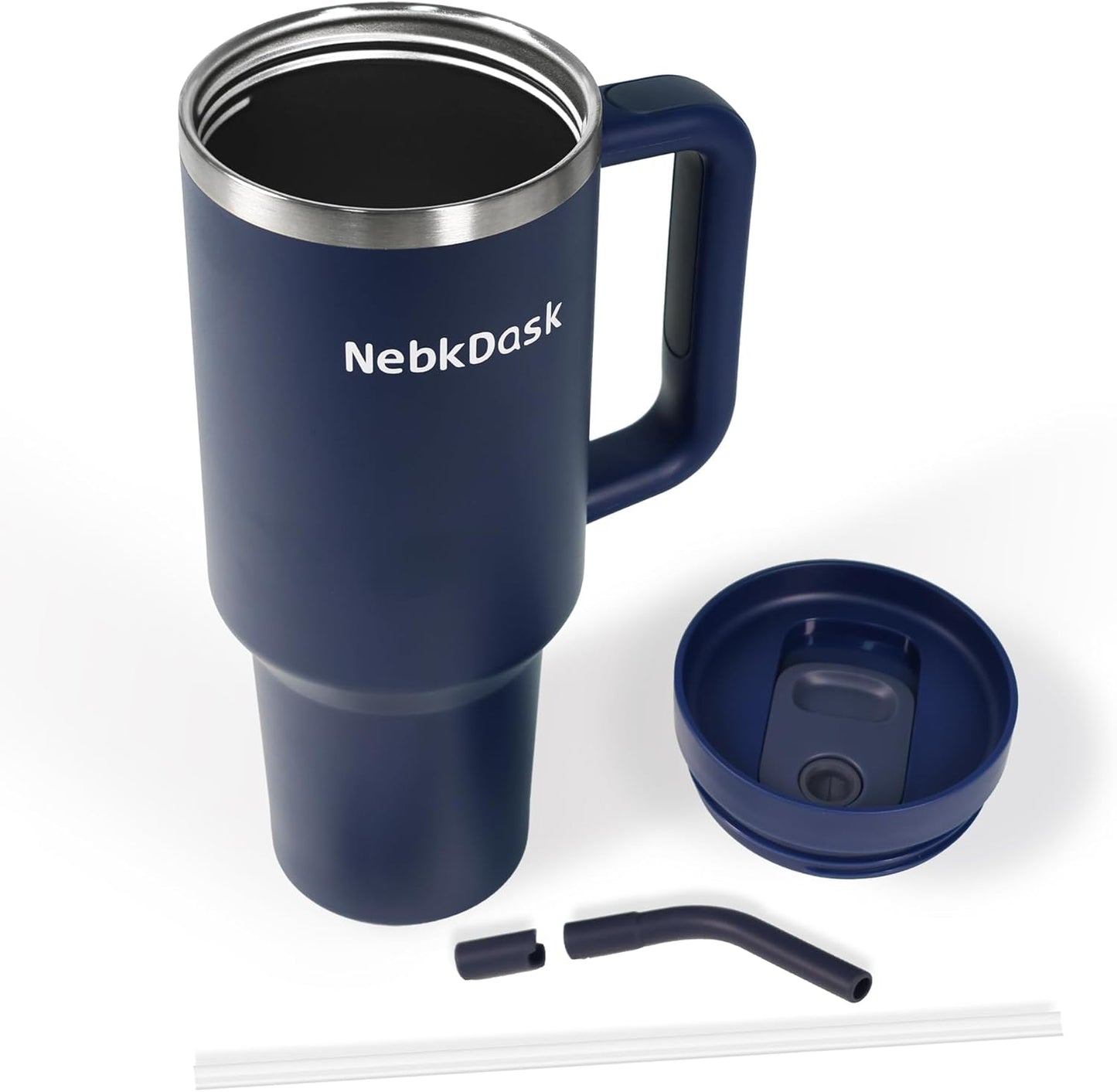 40 oz Water Bottle with Handle & Straw – Insulated Stainless Steel Bottle, Leakproof, Fits in Cup Holder – Reusable Cold Drink Thermos for Women & Men (Blue)