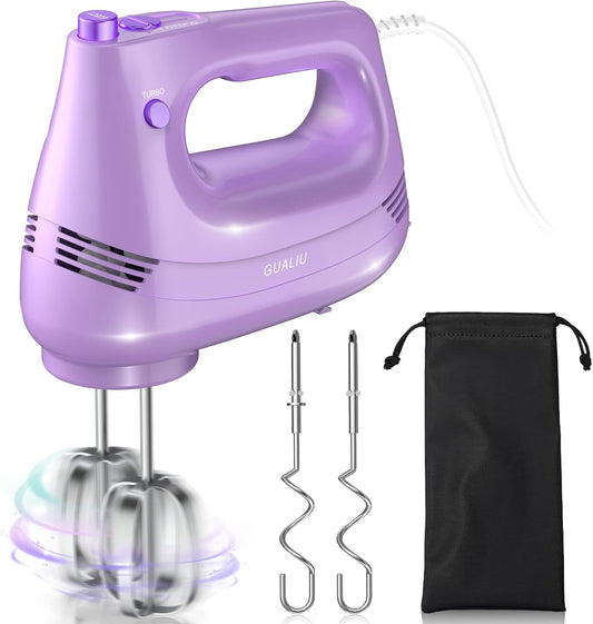 Electric Hand Mixer with Stainless Steel Whisk, Dough Hook Attachment and Storage Bag, Handheld Mixer for Baking Cakes, Eggs, Cream Food Mixers. Turbo Boost /5 Speed Kitchen Blender PURPLE