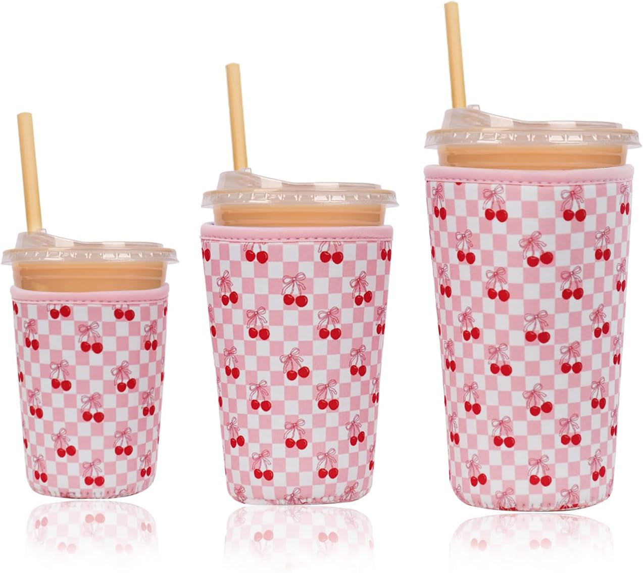 Reusable Insulated Neoprene Iced Coffee Cup Sleeve, Durable Drink Sleeve for Cold Beverages, Beverage Holder for Iced Coffee, Sweet Cherry