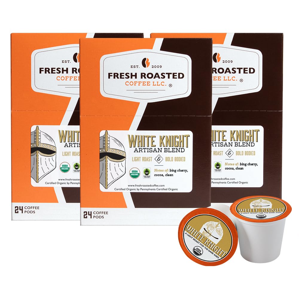 Fresh Roasted Coffee, Organic White Knight | USDA Organic, Kosher | Light Roast 72 Pods for K Cup Brewers