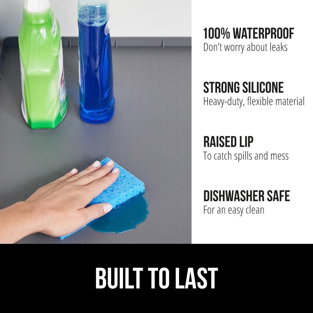 GORILLA GRIP Waterproof Silicone Under Sink Mat with Raised Lip for Kitchen and Bathroom, 31 x 22 in, Cabinet Shelf Liner Stay in Place Mats Dishwasher Safe Drawer Liner, Organizer Tray, Gray