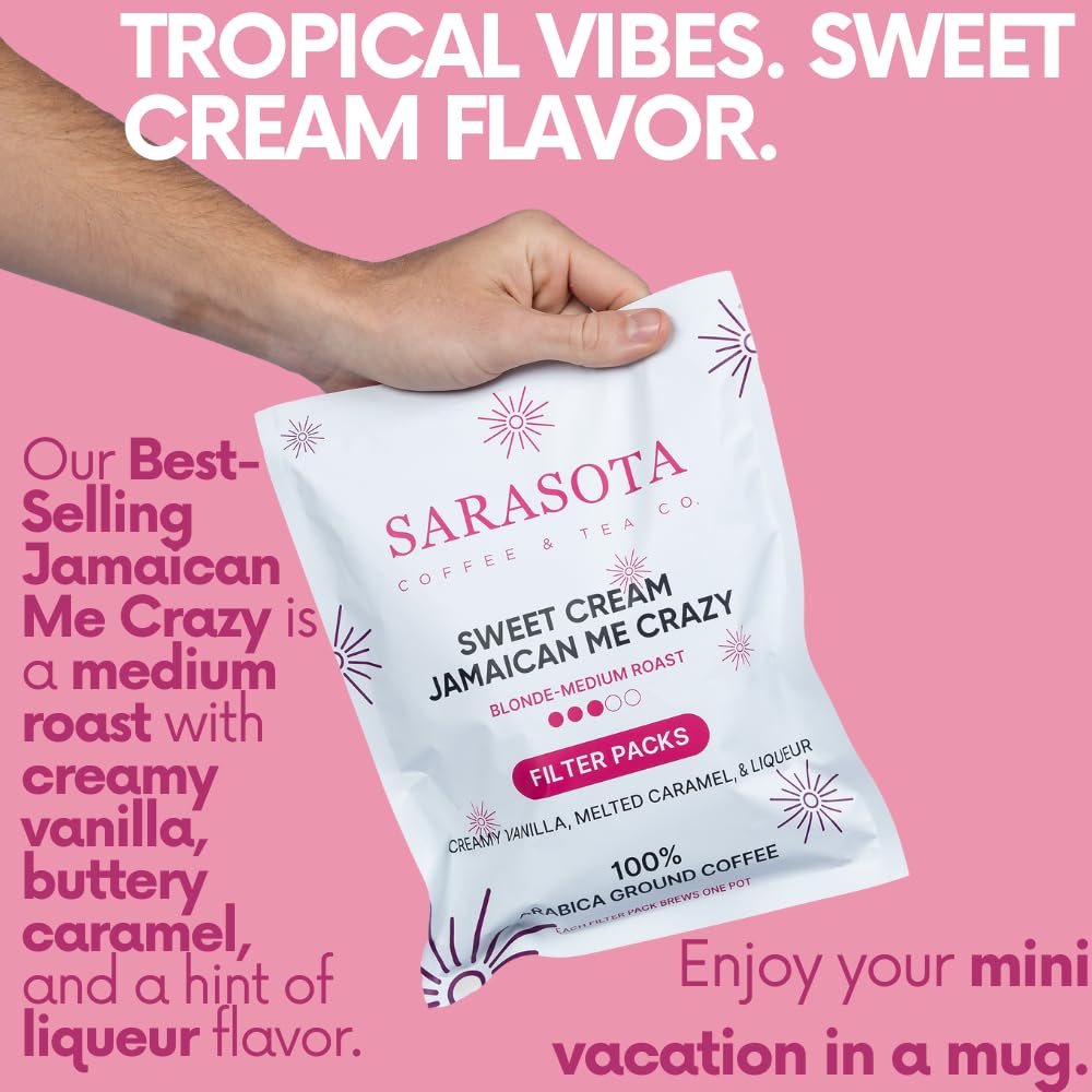 Ground Flavored Coffee In Filter Packs | Medium Roast Low Acid Mold Free Pouches | Sampler Packets | Sweet Cream Jamaican Me Crazy Gourmet Powder Bags for 10-12 Cup Drip Maker | Highest Rated Individual Premeasured Coffee