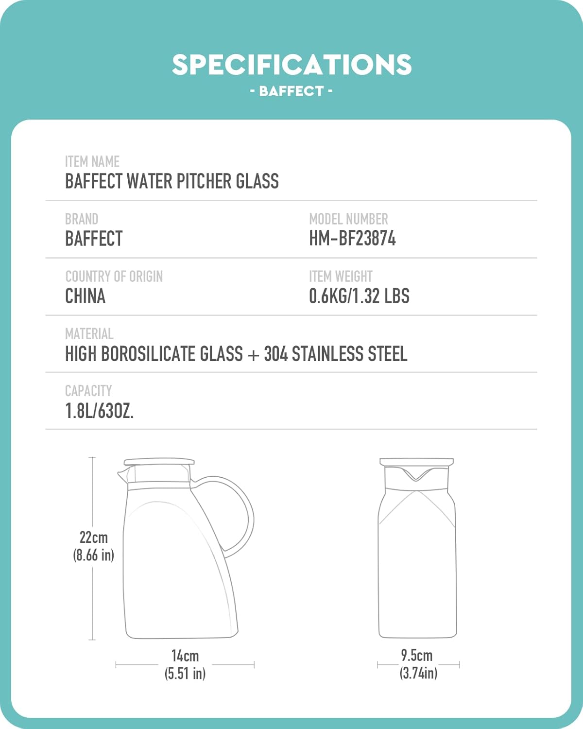 Baffect Water Pitcher, High Borosilicate Glass Jug with Stainless Steel Lid, Leakproof Fridge Door Carafe for Hot or Cold Beverage Vertical Pattern (1.8 L/63 oz.)