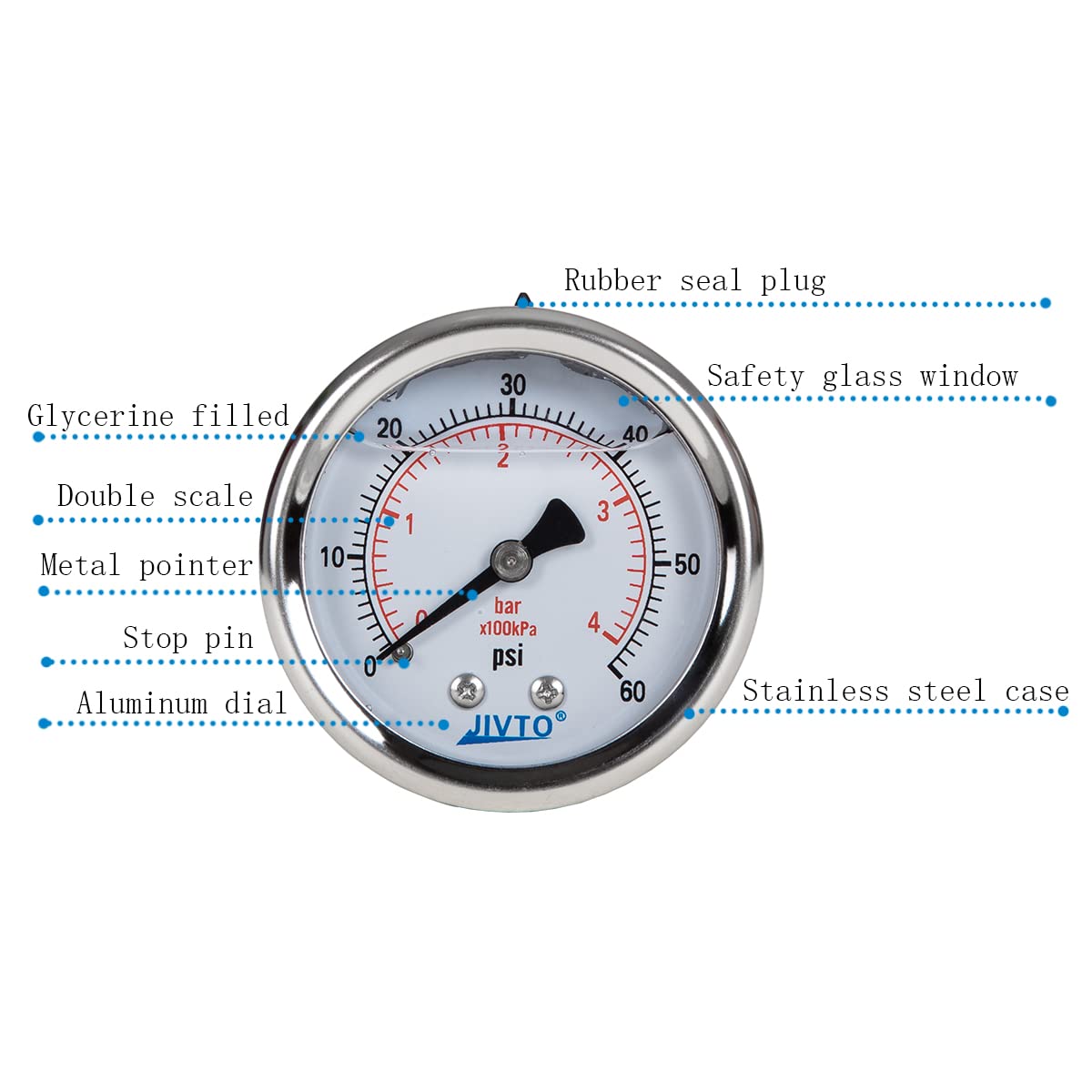 Pressure Gauge,Liquid Filled,2 1/2" face Dia,0-60 psi/bar/kpa,1/4" NPT Back Mount, Polycarbonate Lens Window, Stainless Steel case