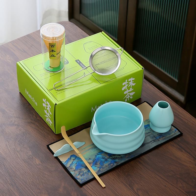 Matcha Set Matcha Whisk Matcha Bowl With Water Ladle Matcha Whisk Holder Tea Making Kit.Japanese Tea Set(7pcs)+1Spoon，Celadon Blue gift set