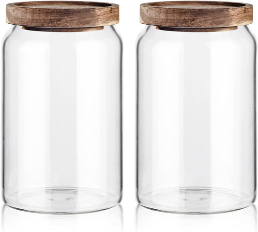 Labina Glass Storage Container Airtight Food Jars Kitchen Canister with Wood Lids, 33 Oz Wide Mouth Pantry Organization Glass Jar for Flour, Sugar, Cookie, Spagetti, Nuts and Candy (2 Pack)