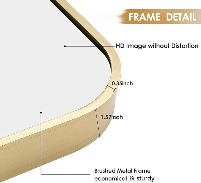 26x38 Inch Gold Bathroom Mirror, Brushed Brass Gold Metal Framed Rectangular - Image 4