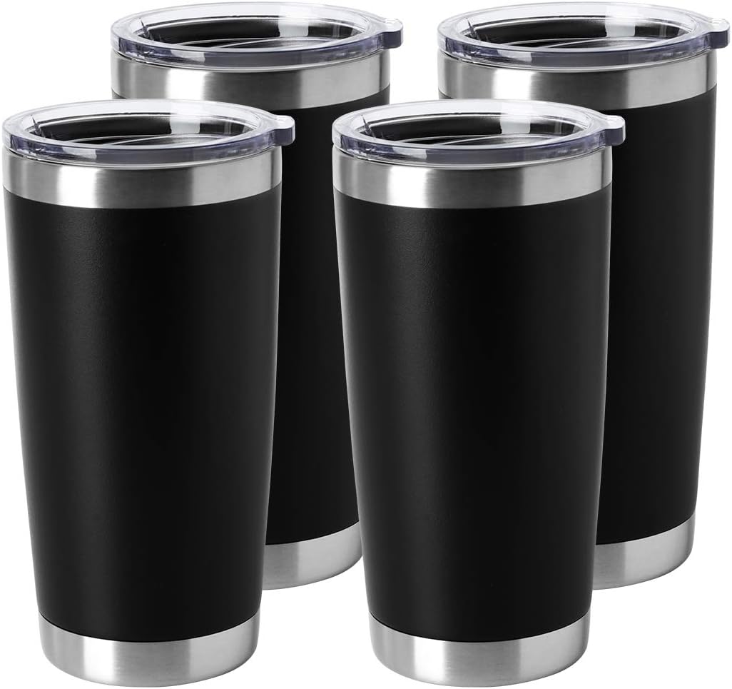 HASLE OUTFITTERS 20oz Stainless Steel Tumblers Bulk, Insulated Travel Cup with Lid, Double Wall Vacuum Coffee Mug for Cold & Hot Drinks 4 Pack, Black