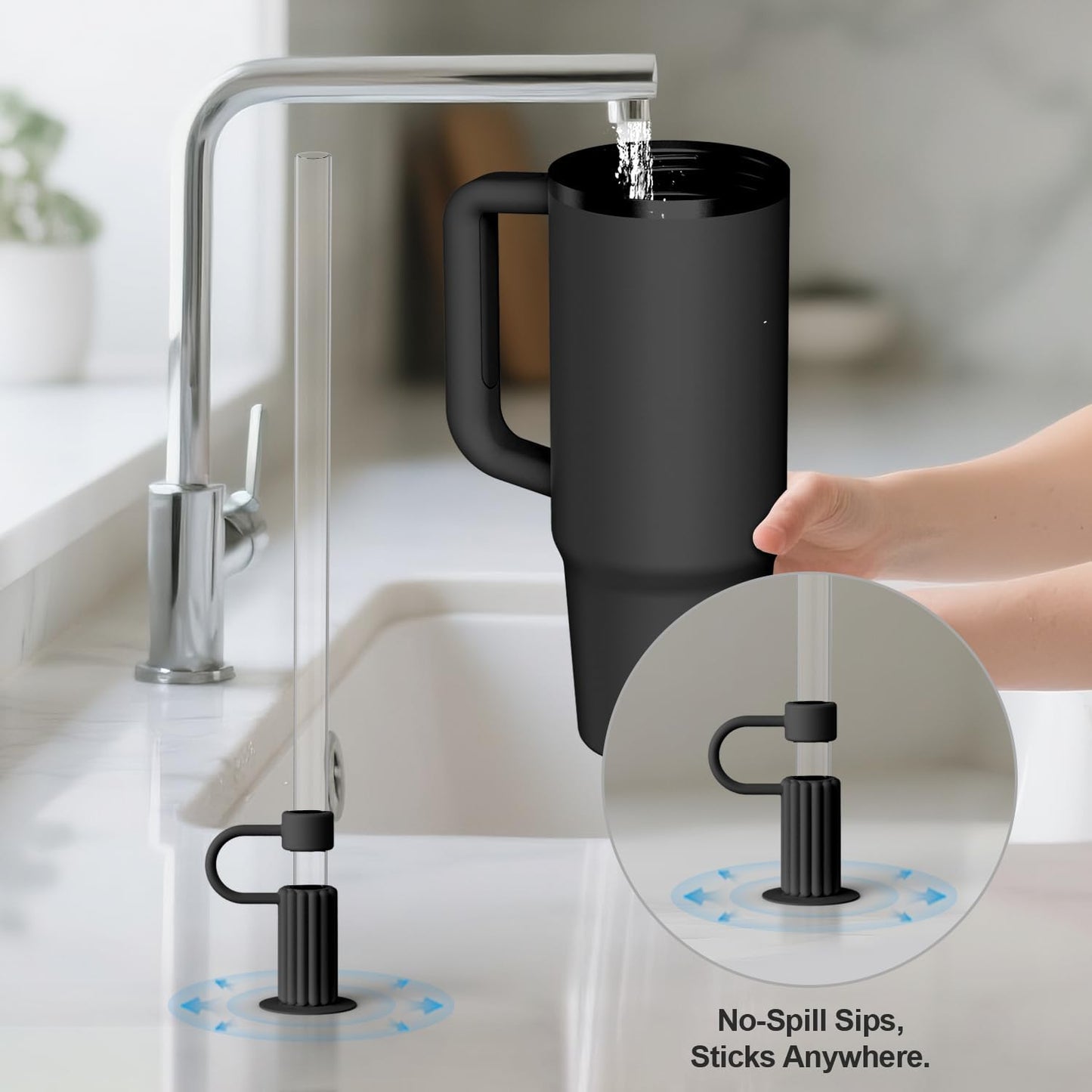 YOTIME Silicone Straw Covers Cap, 6 Pcs Reusable 0.39in/10mm Suction Cup Straw Toppers for Stanley Cup 40 30 oz, Black