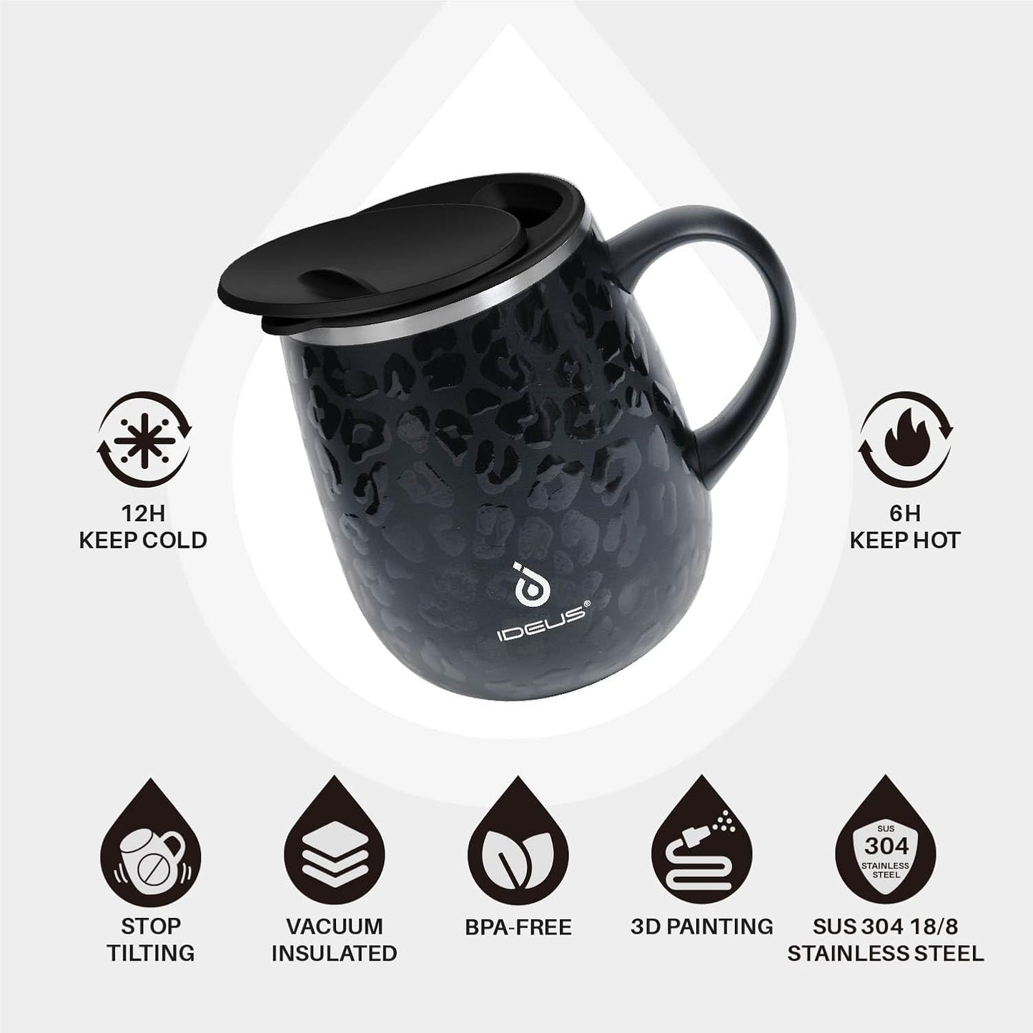 Ideus 16 oz (470 ml) Insulated Coffee Mug with Handle and Lid, Double Wall Stainless Steel Vacuum Thermal Coffee Mug, Travel Coffee Cup Thermal Cup for Home and Office, Leopard Black