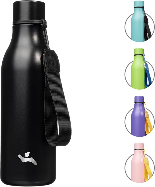 Insulated Water Bottle with Strap,18 oz Double Wall Stainless Steel Vacuum Bottles Metal Water Flask,Black
