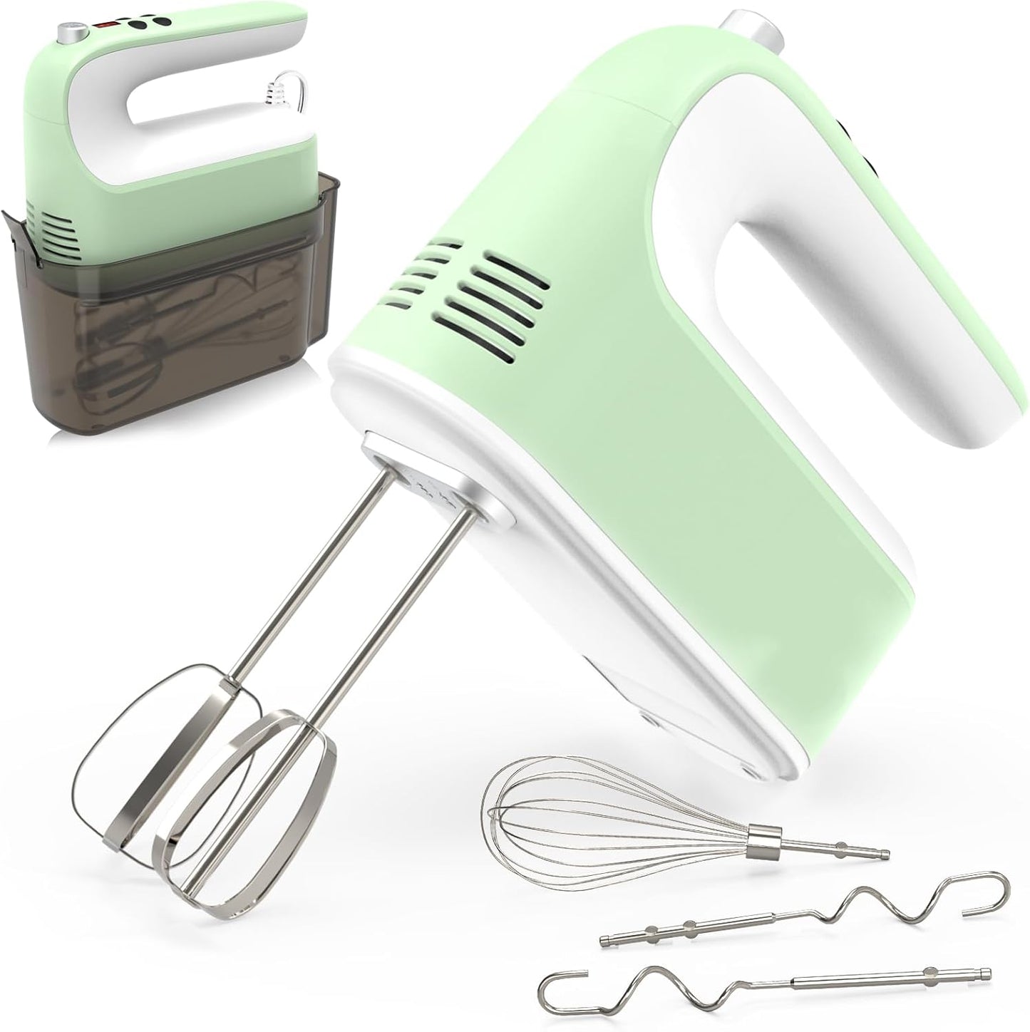 CBQ Hand Mixer Electric, 9 Speed 400W Handheld Mixer with Digital, Touch Button, Turbo, Snop-On Storage Case, 5 Stainless Steel Accessories, Mixer Electric Handheld for Cake, Cookie, Egg (Grass Green)