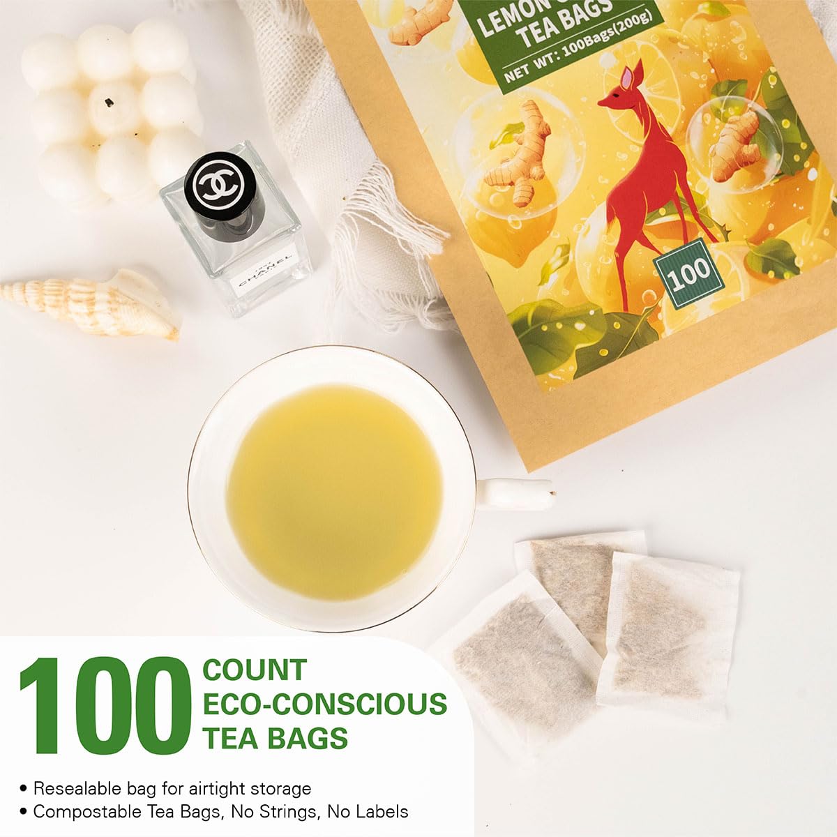 WT WEETEE Lemon & Ginger Herbal Tea, 100% Natural Ingredients, Made With Lemongrass, 100 Count Caffeine-Free Tea Bags