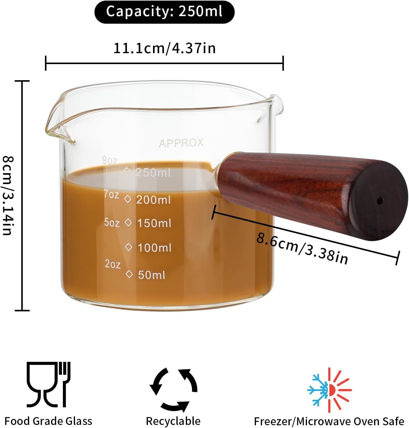 250ML/8.5OZ Measuring Cup Espresso Shot Glasses Double Spouts Large Coffee Cup with Wood Handle Triple Pitcher Milk Cup Parts Clear Glass By BCnmviku (250ml-1pack)
