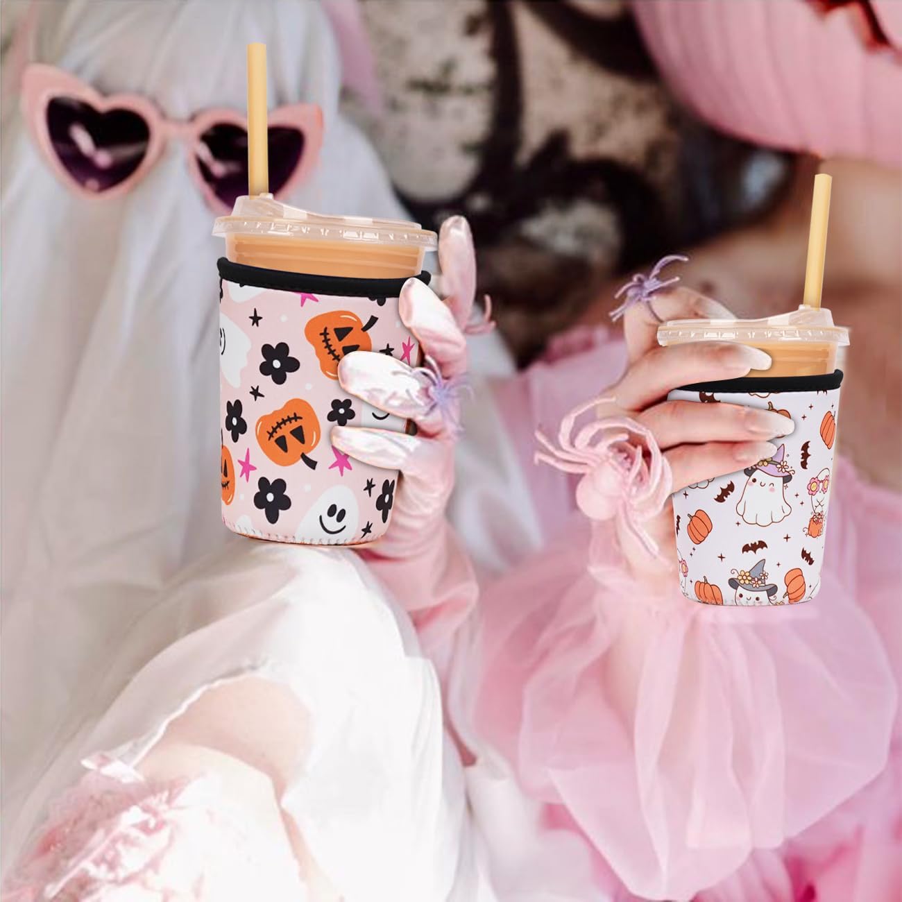 Reusable Insulated Neoprene Iced Coffee Cup Sleeve, Halloween Ghost for Boo Basket Stuffers, Durable Drink Sleeve for Cold Beverages, Beverage Holder for Iced Coffee, Halloween Spooky
