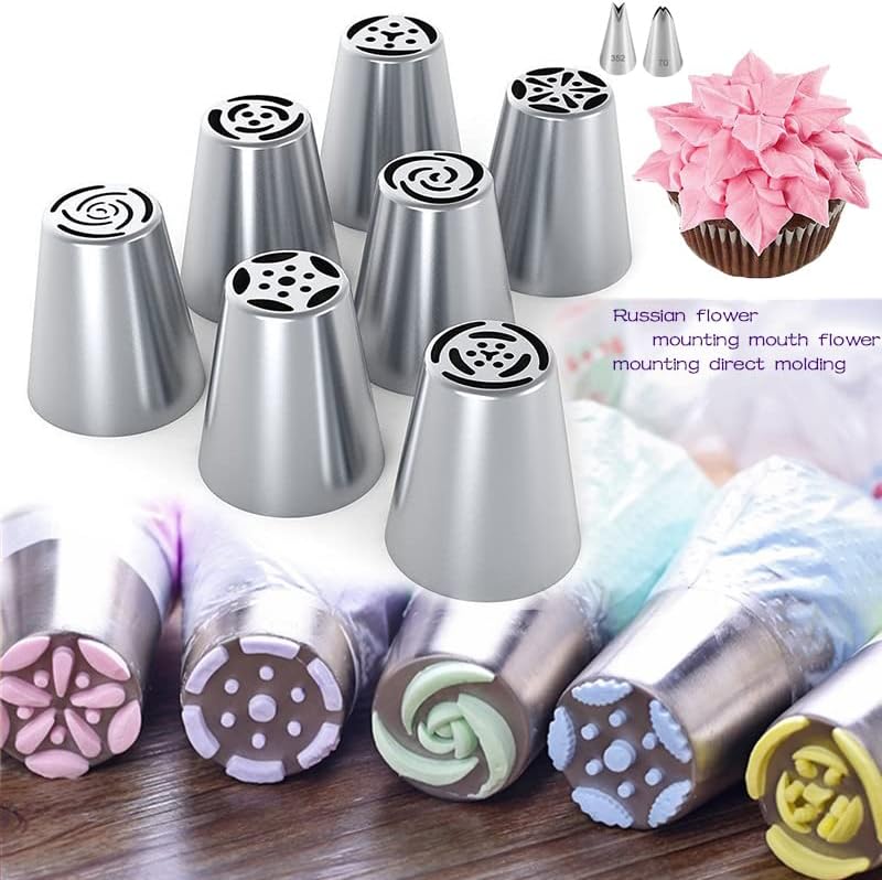 Russian Piping Tips Set with 7 Flower Icing Tips & 2 Leaf Pastry Tips Nozzles for Frosting Cookie Cupcake Cake Decorating