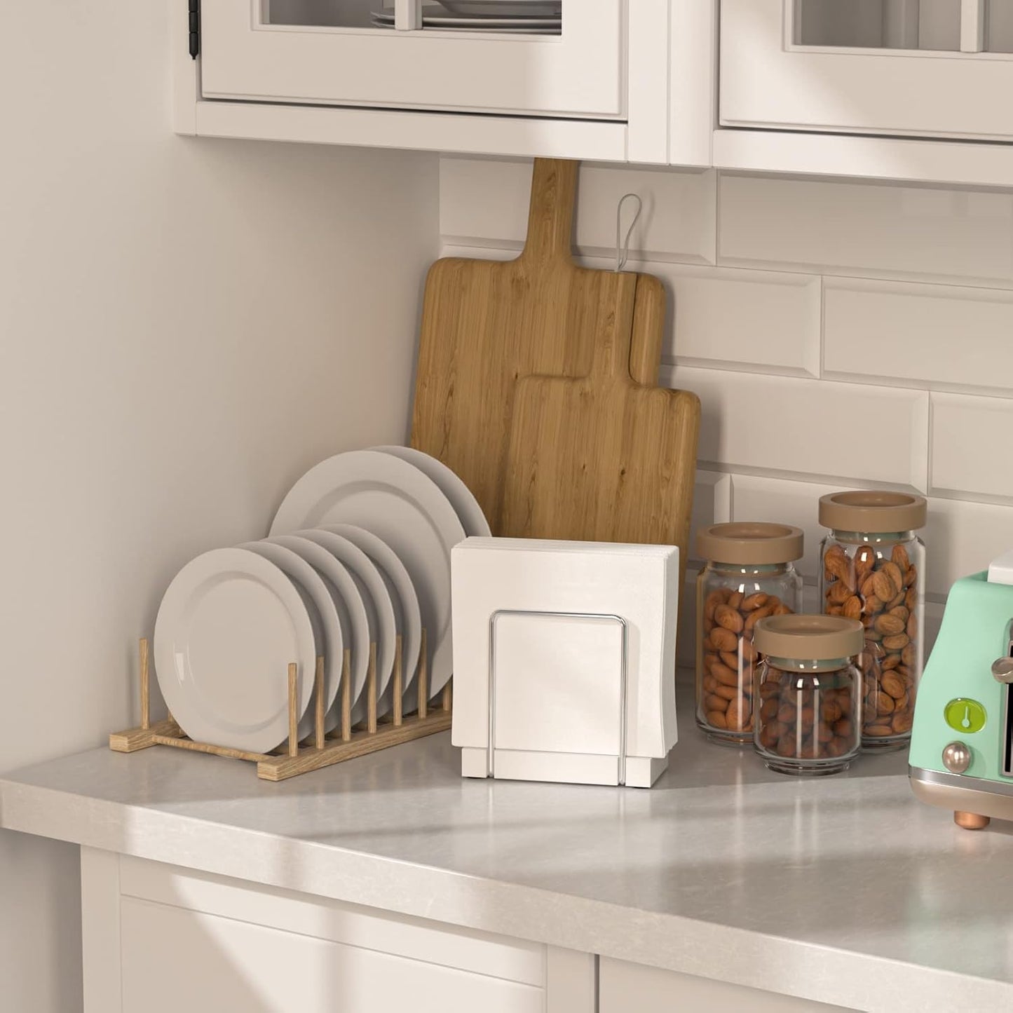 Napkin Holder for Table, Bamboo Iron Standing Napkin Dispenser for Kitchen Dining Table Farmhouse Cocktail Picnic Rustic Wood Holders for Mail Bills Suitable for All Dining Room Decors Silvery & White